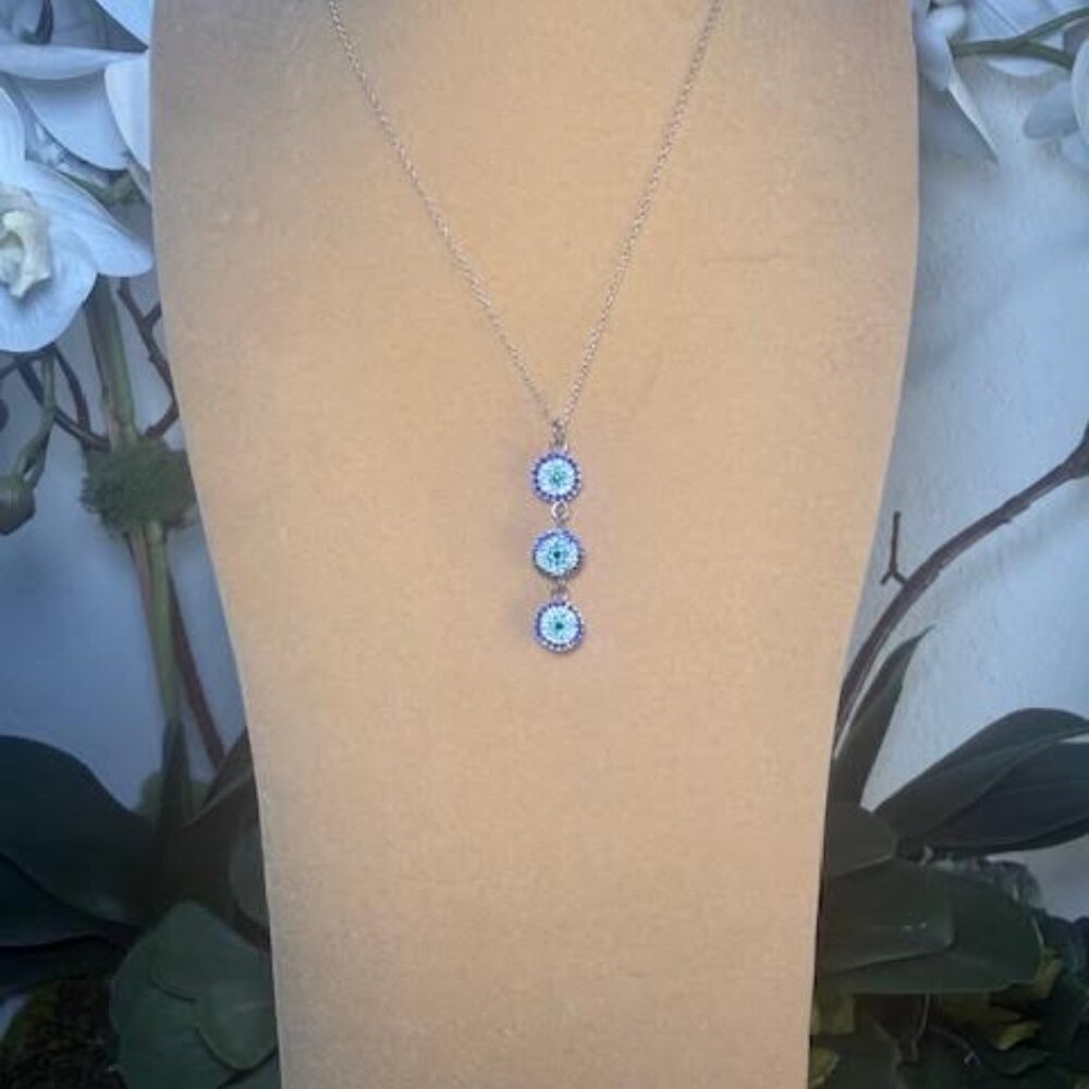Sterling Silver 3-Tier Drop Evil Eye Necklace